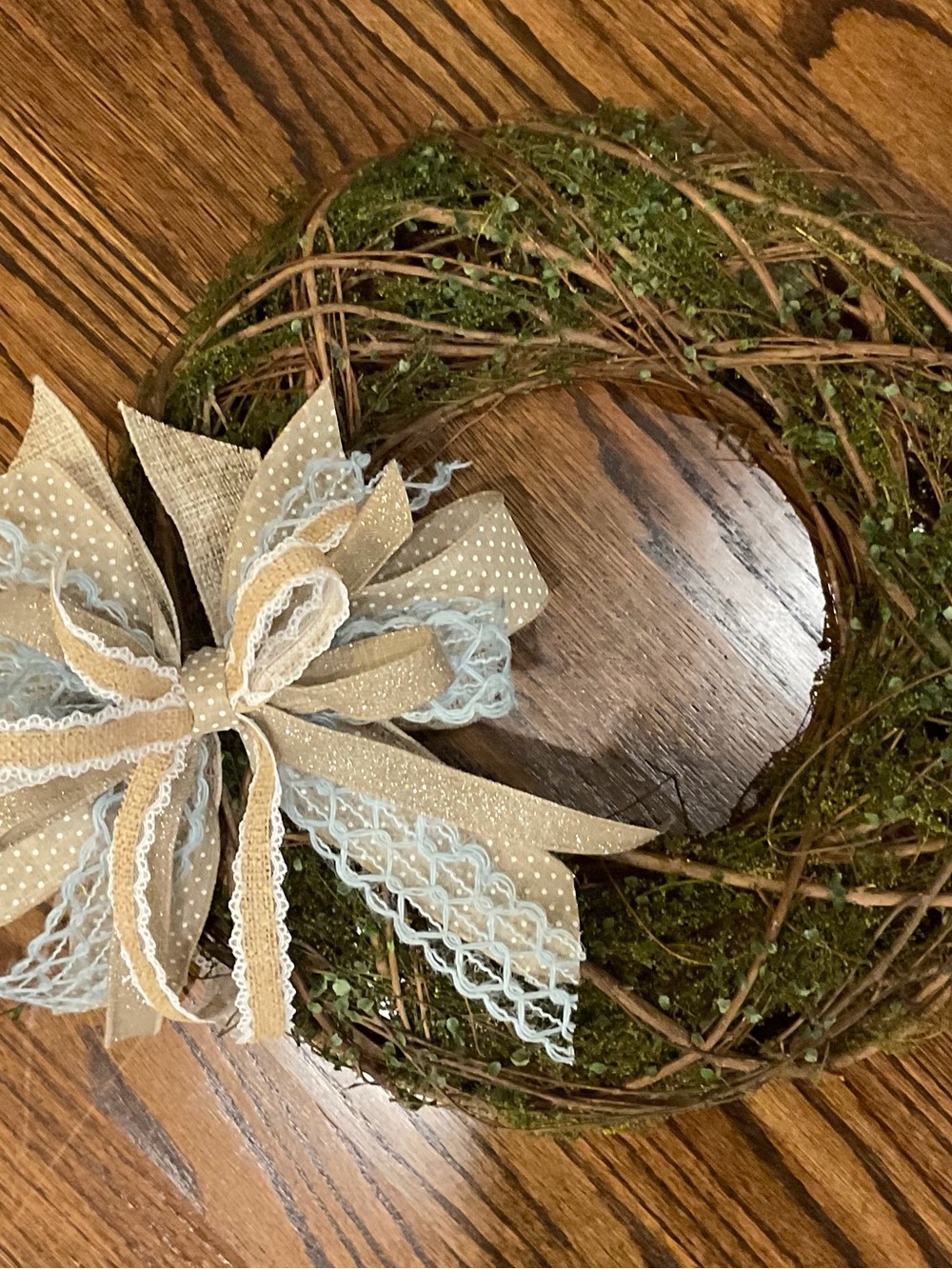 Handcrafted Moss Grapevine Wreath with Beige and Light Blue Bow